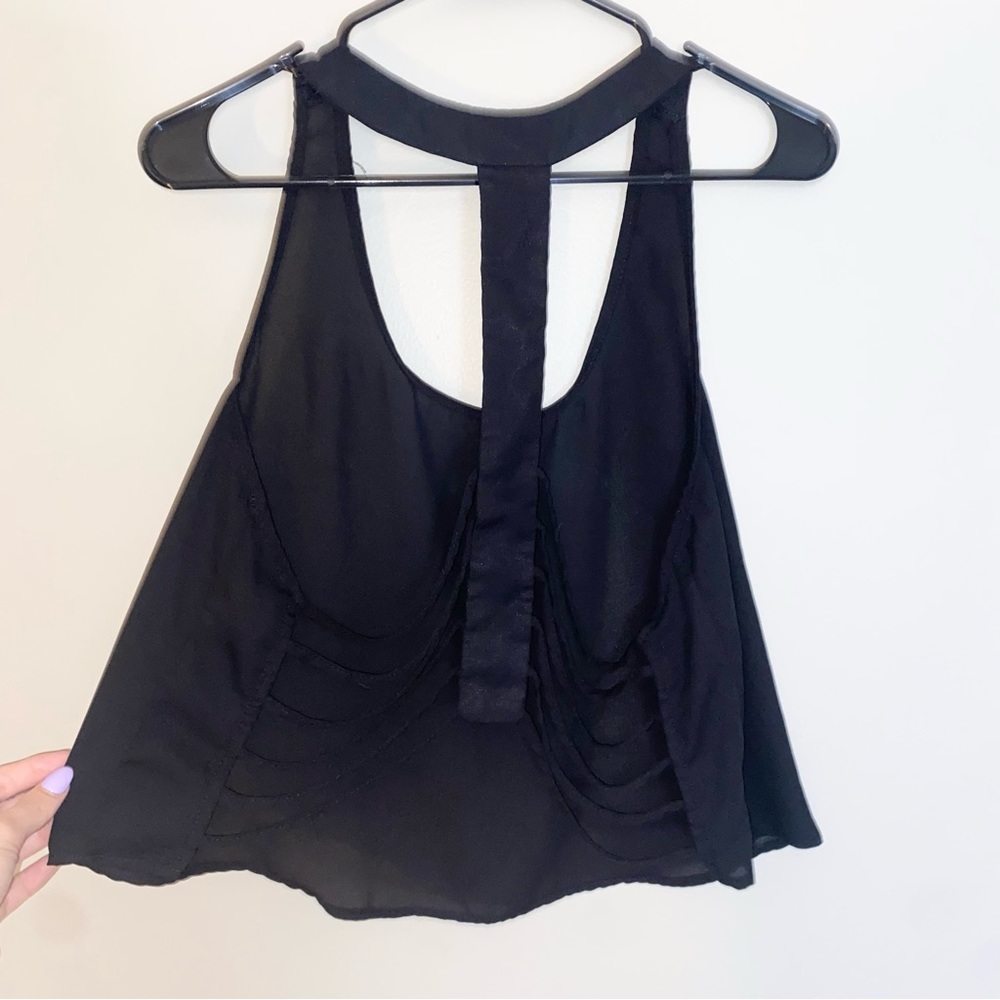 Sheer black, open back tank top